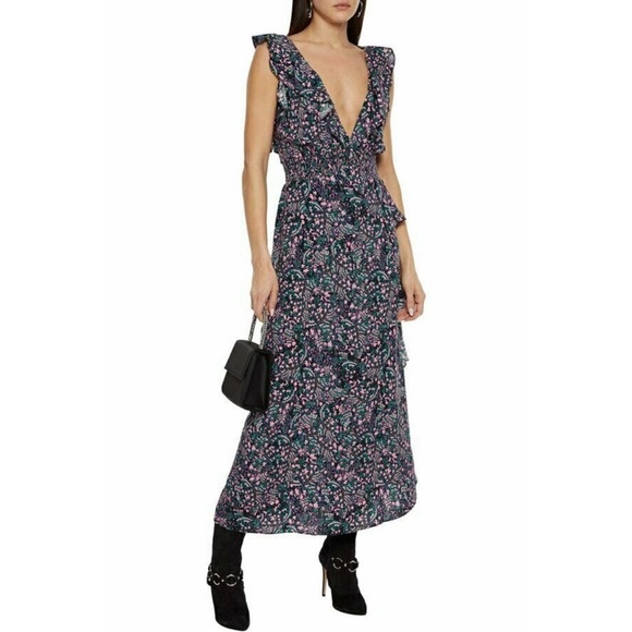 IRO Dresses & Skirts - IRO Santu Ruffled Shirred Crepe De Chine Floral V-Neck Maxi Dress, 40 / US 8
